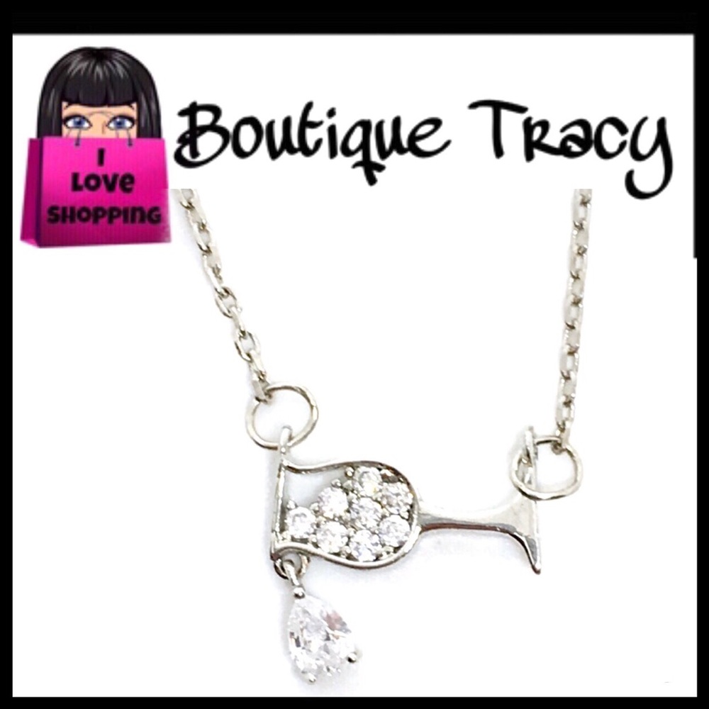 NEW Crystal Embedded Silver Wine Glass Necklace